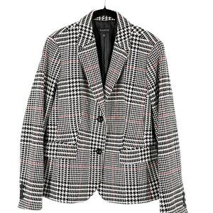 Talbots Houndstooth Blazer Wool-Blend Black White Red Single Breast 2-Button 14